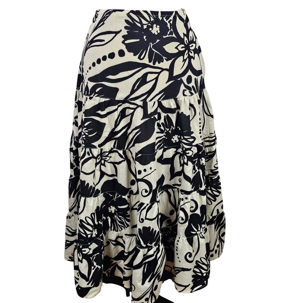 Catherine Stewart black cream tropical floral tiered maxi skirt boho skirt 8